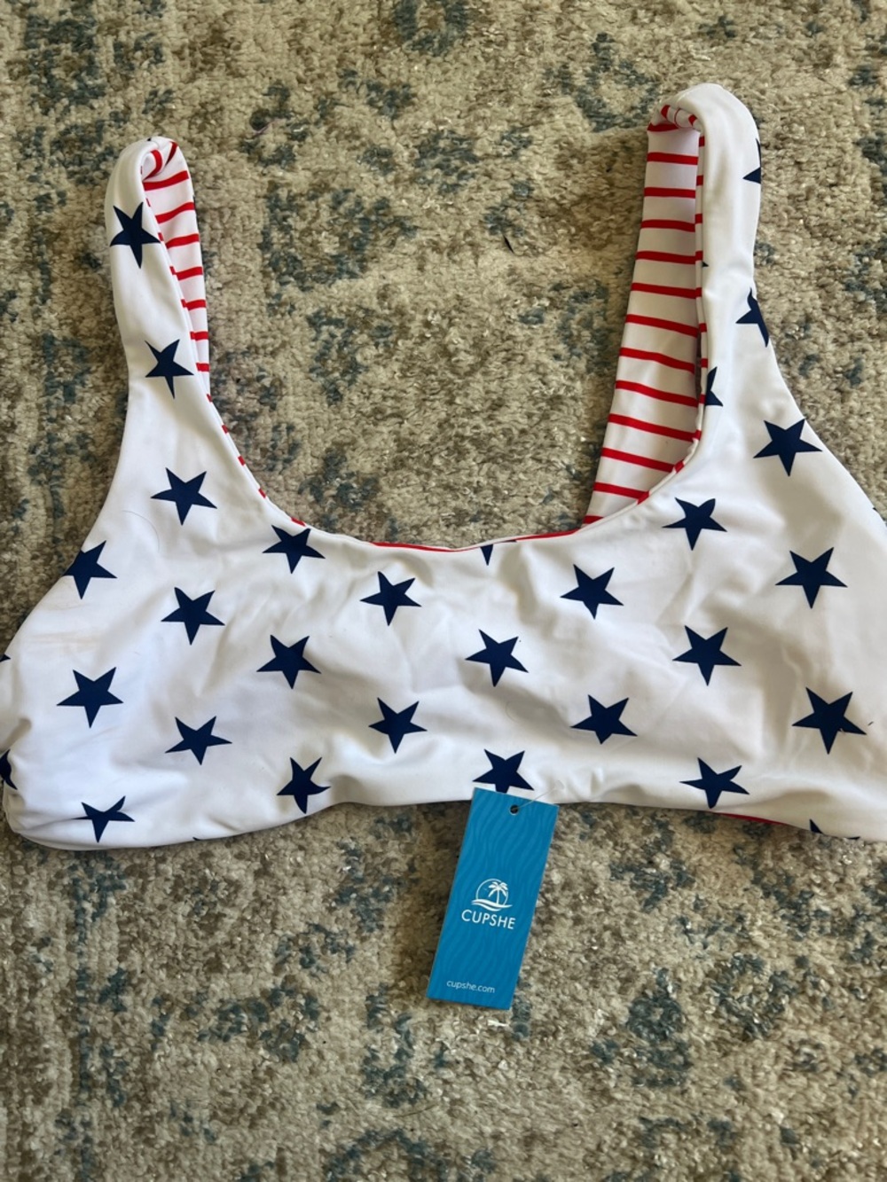 Cupshe White Navy Red Reversible Star & Stripes Bikini Top NWT